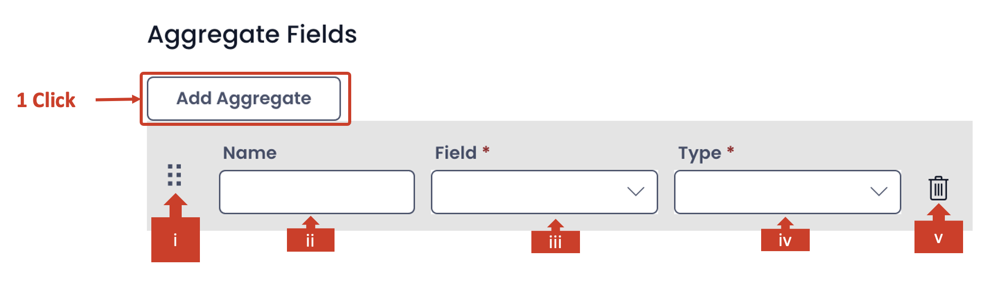 A screenshot of a user adding aggregate fields. The screenshot is annotated with the Roman numerals i-v. These fields are discussed in detail below.